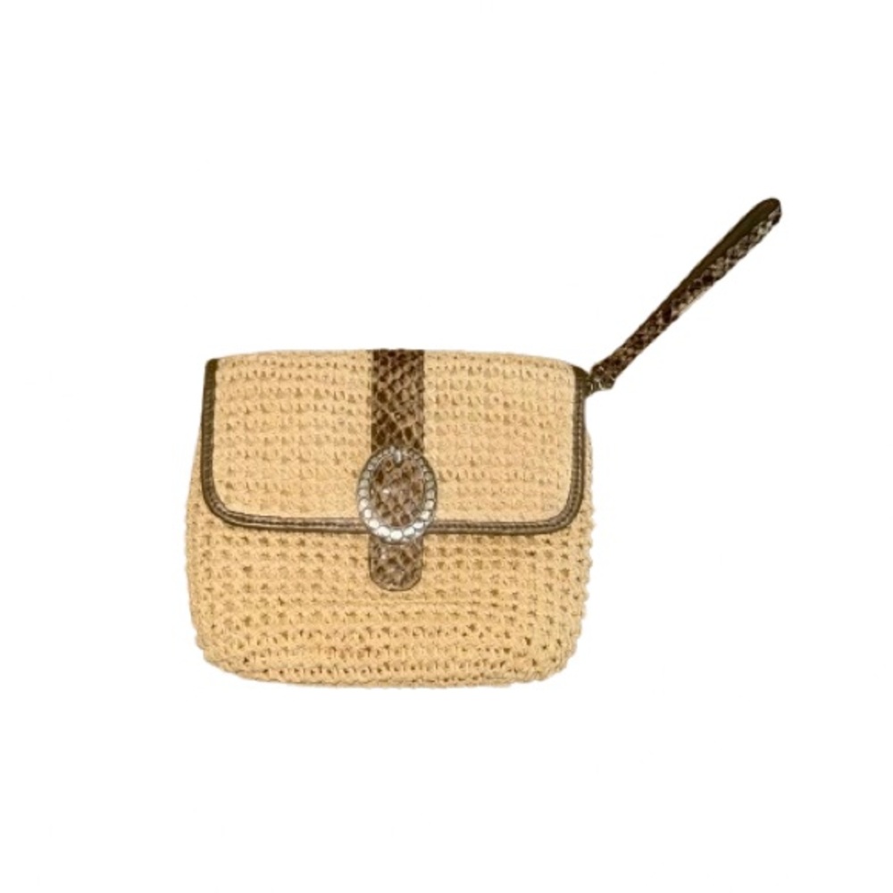 Brighton Beige Woven Clutch with Brown Trim Small Pre Owned Vintage Bag